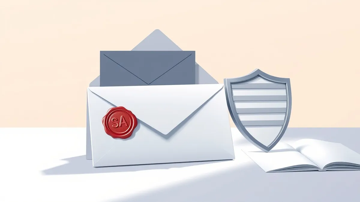 Illustration: A sleek envelope rests on a clean desk, its flap sealed with a shimmering wax stamp representing message integrity.