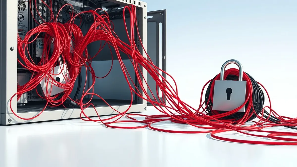 Illustration: A tangled mass of loose red wires spills from an open server chassis, bypassing a neat bundle of secured black cables.