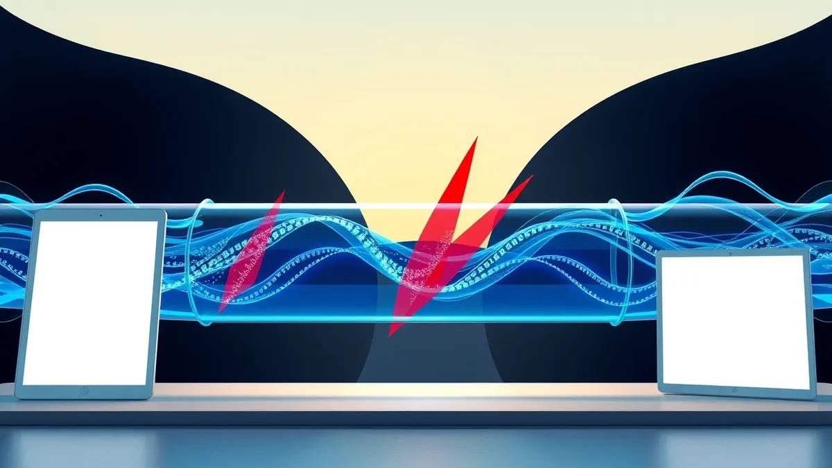 Illustration: A transparent glass tube carries glowing blue liquid streams through a dark void.