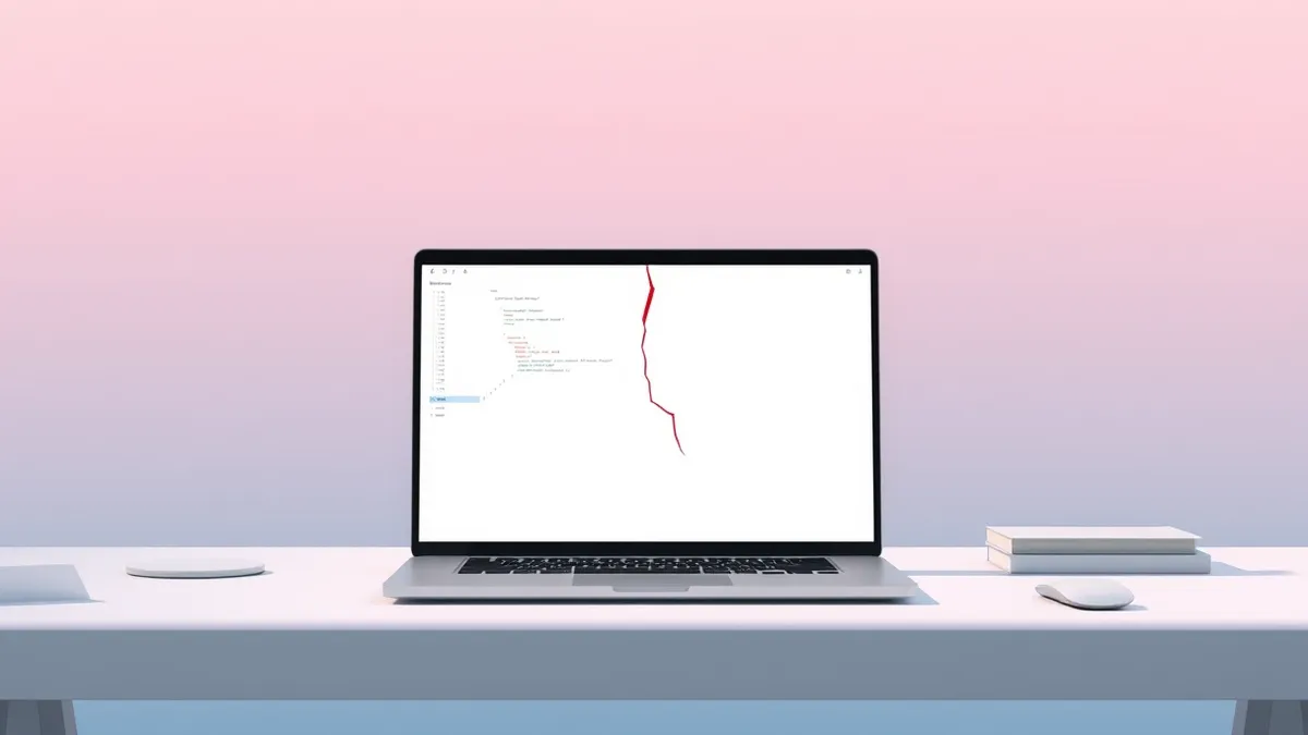 Illustration: A sleek laptop sits on a minimalist desk, its screen displaying a blank code editor interface with a neutral color palette selected.