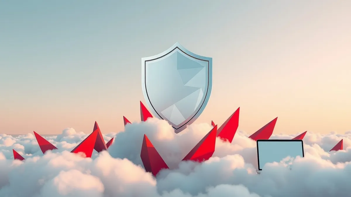 Illustration: A sleek, metallic shield floats above a cluster of abstract cloud shapes, blocking jagged red shards that represent external threats.