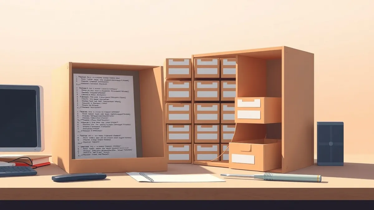 Illustration: An open software code repository sits on a desk, filled with neatly stacked generic library boxes.