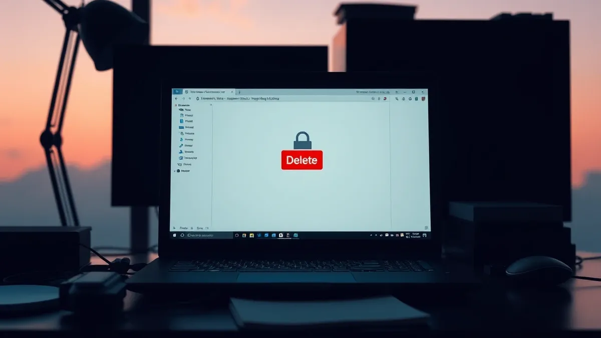 Illustration: A sleek black laptop sits on a cluttered desk, its screen displaying a blank file manager window.