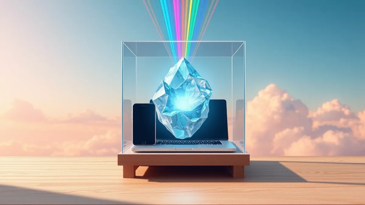 Illustration: A transparent glass box sits on a wooden desk, containing a smartphone and a laptop.