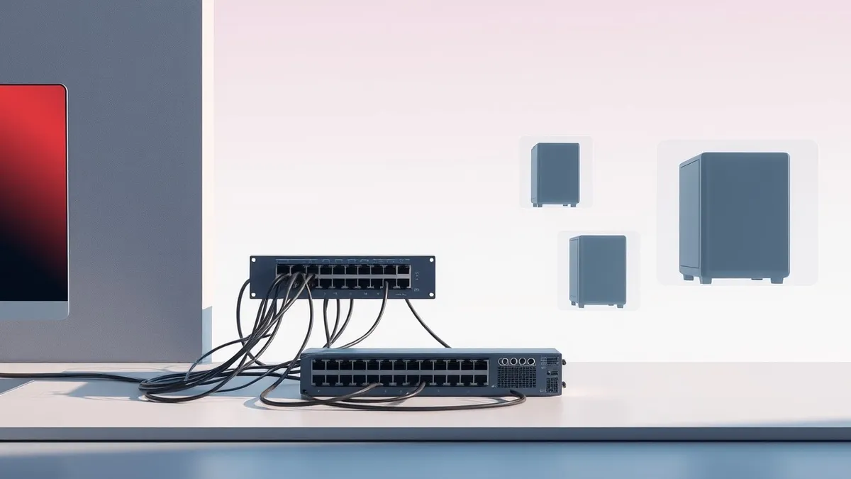 Illustration: A physical network switch sits on a desk with tangled cables connecting to a single rigid wall partition, while translucent holographic shields wrap around individual