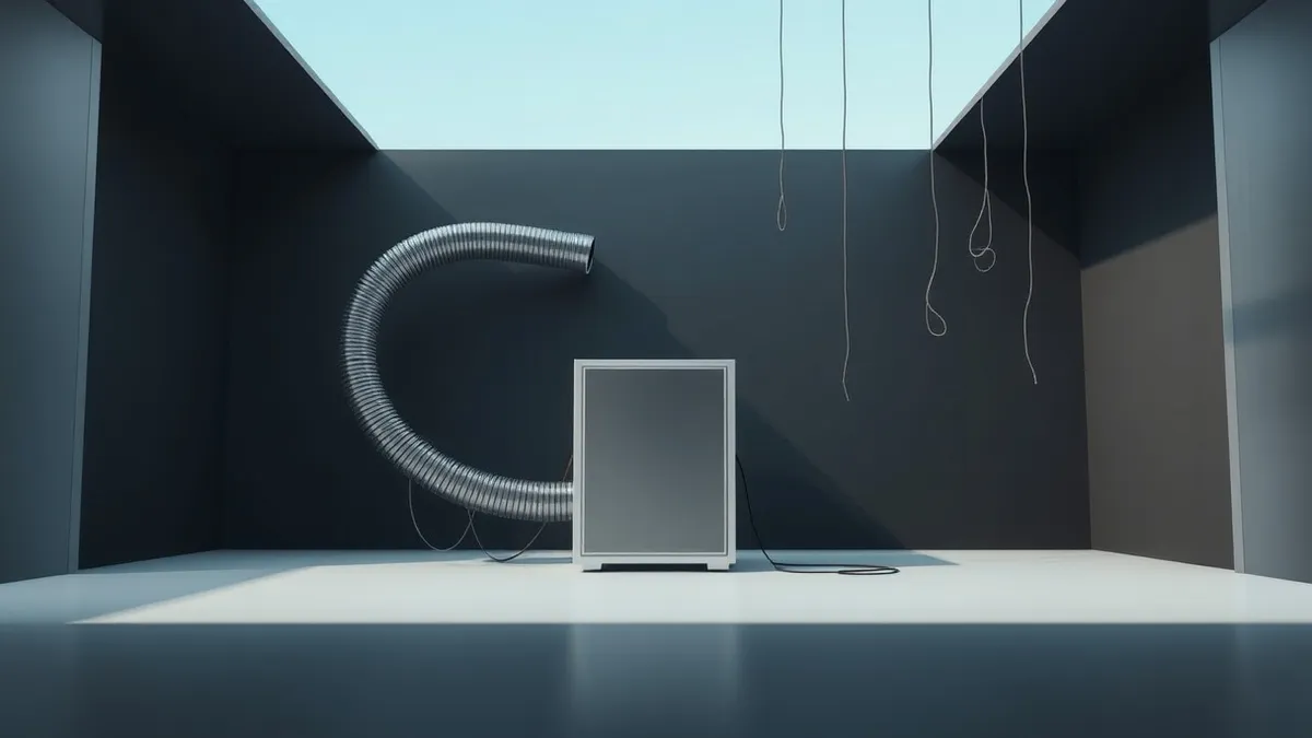 Illustration: A sleek silver server sits inside a dark, windowless room, connected by a thick, rigid metallic tube that curves directly into the wall, bypassing the open space wher