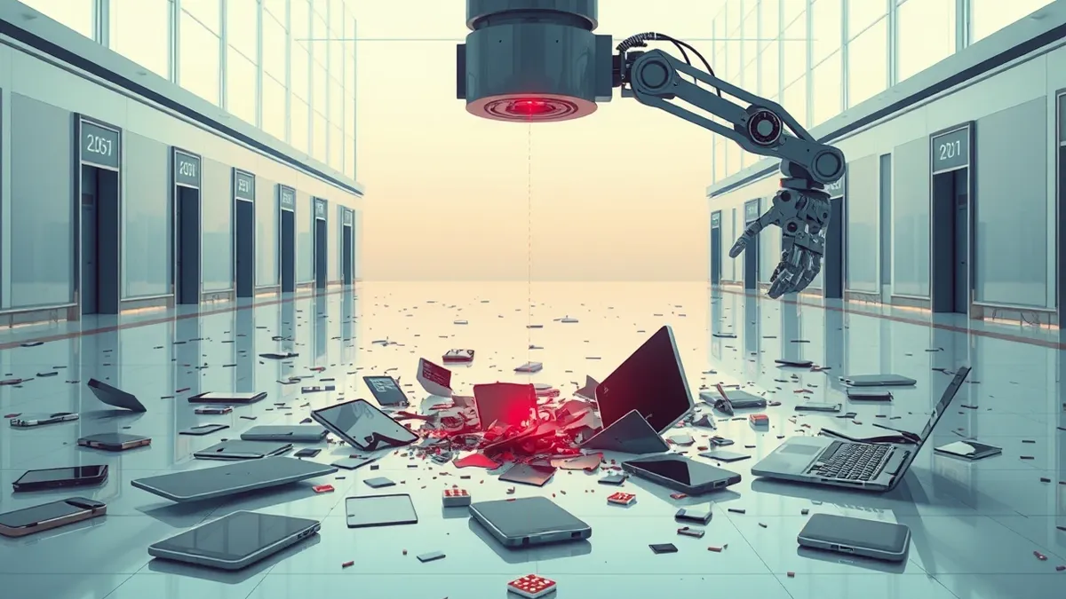 Illustration: A sterile bank lobby floor is scattered with shattered fragments of generic smartphone screens and laptop casings.