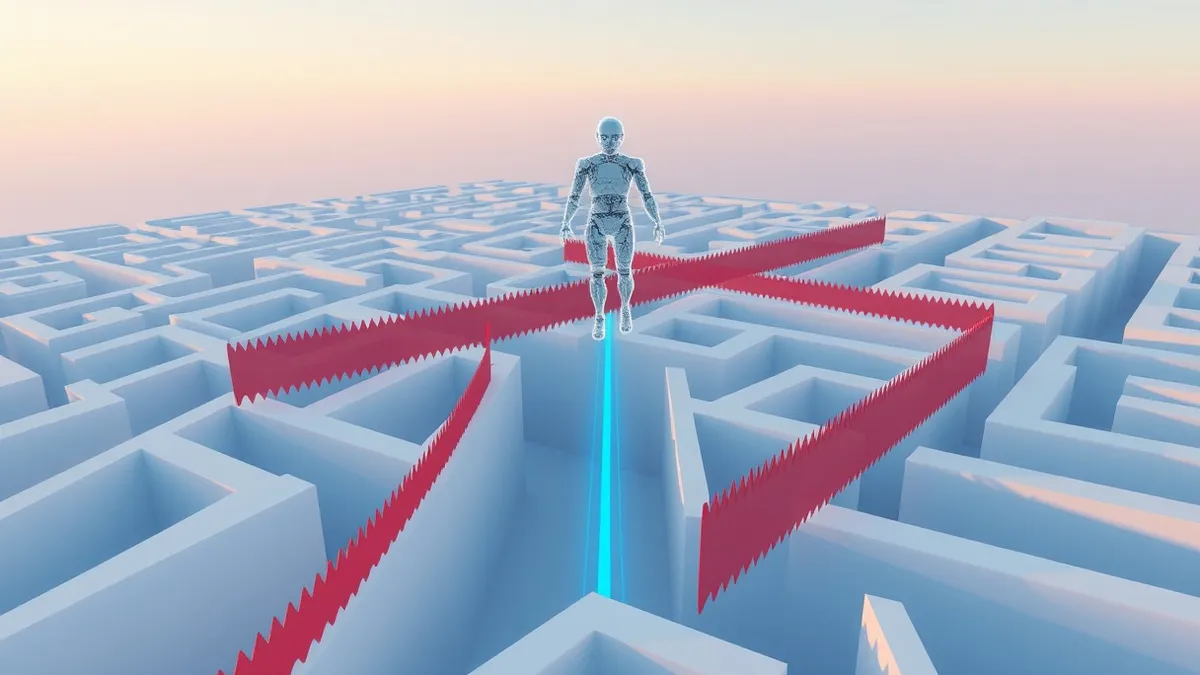 Illustration: A translucent, geometric AI agent hovers above a digital maze, its autonomous path blocked by jagged, red permission barriers.