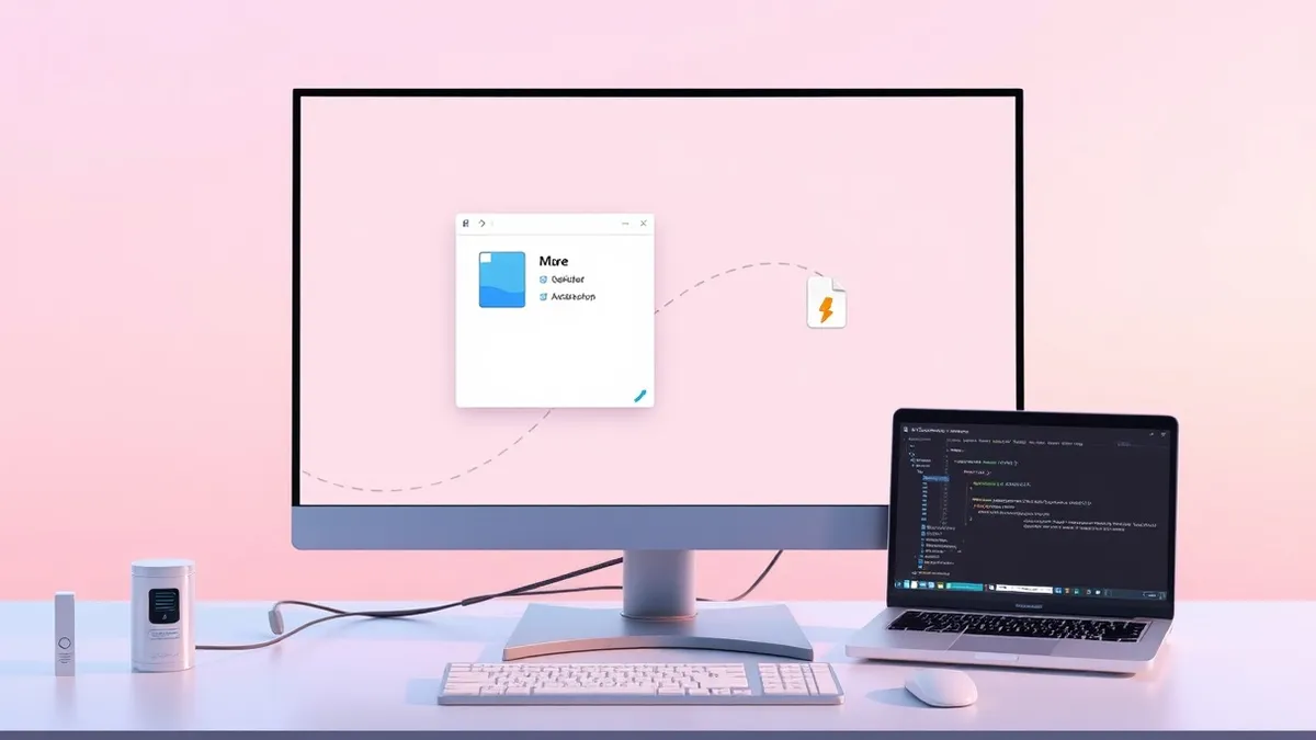 Illustration: A legitimate desktop application window sits open on a clean monitor, while a small, unmarked file icon drifts from a mislabeled folder on the desktop toward the prog