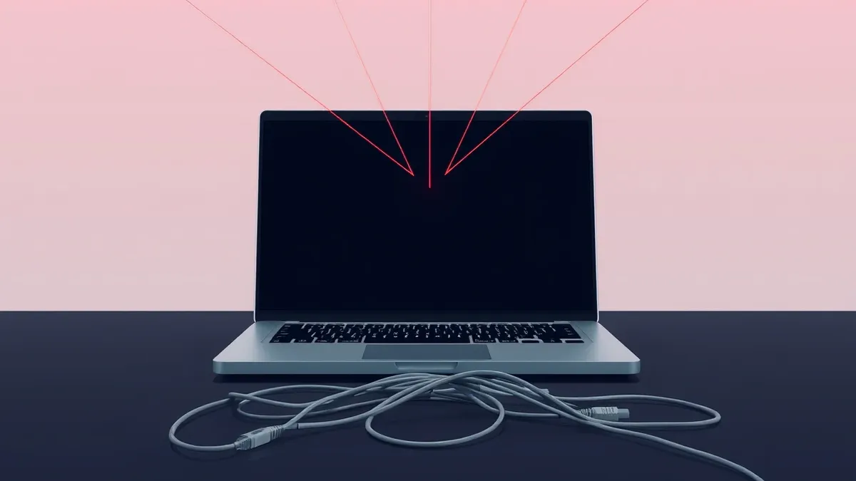 Illustration: A silver laptop sits open on a dark desk, its screen displaying a blank terminal window with a single blinking cursor.