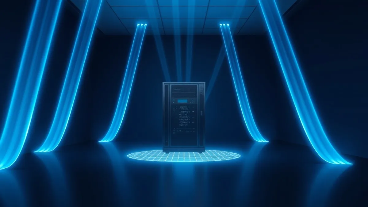 Illustration: A single server sits in the center of a dark room.