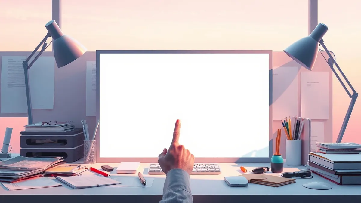 Illustration: A blank digital bulletin rests on a cluttered desk, casting a soft glow on scattered office supplies.