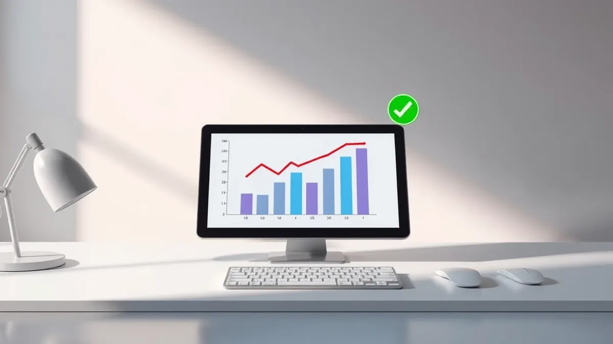 Illustration: A clean desk holds a single tablet displaying abstract bar charts.