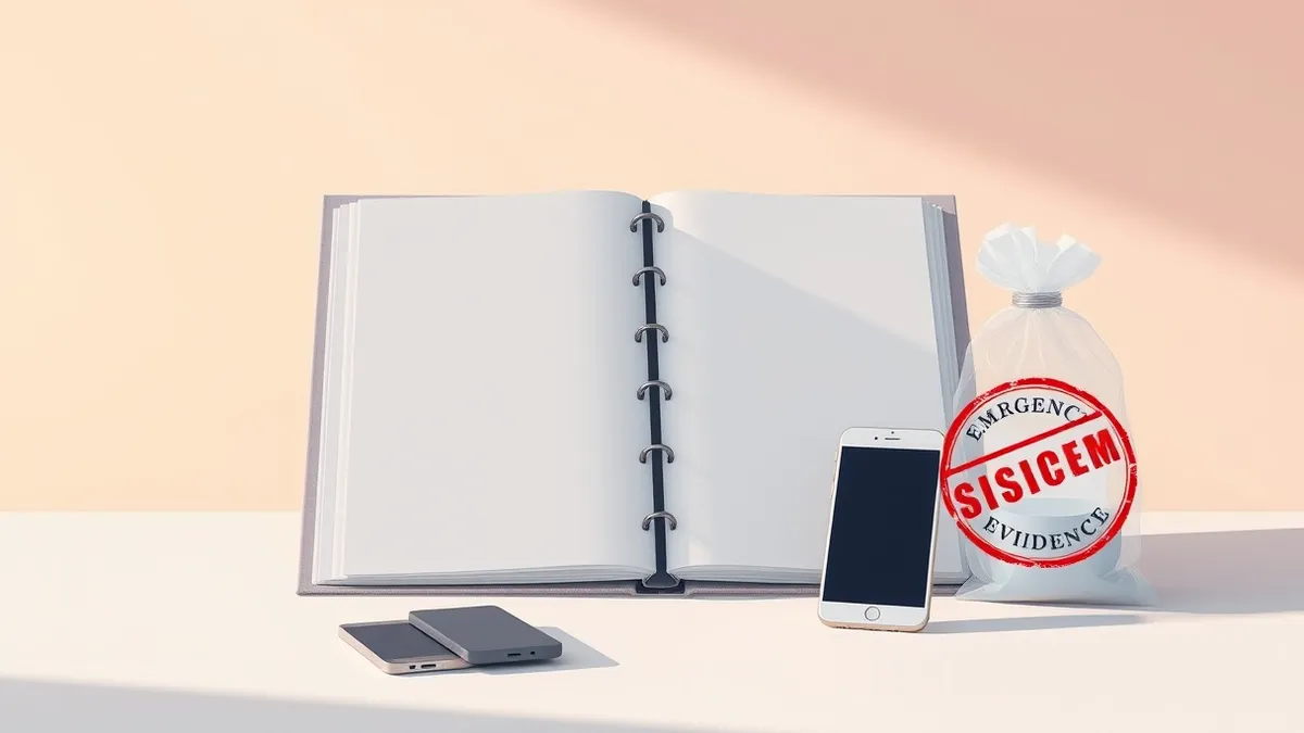 Illustration: A blank emergency binder sits open on a clean desk beside a muted smartphone and a sealed evidence bag.
