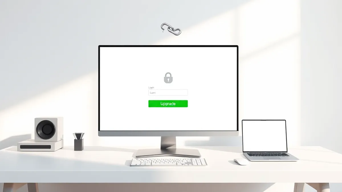 Illustration: A sleek desktop computer monitor sits on a clean white desk, displaying a blank login interface with a prominent green upgrade button.