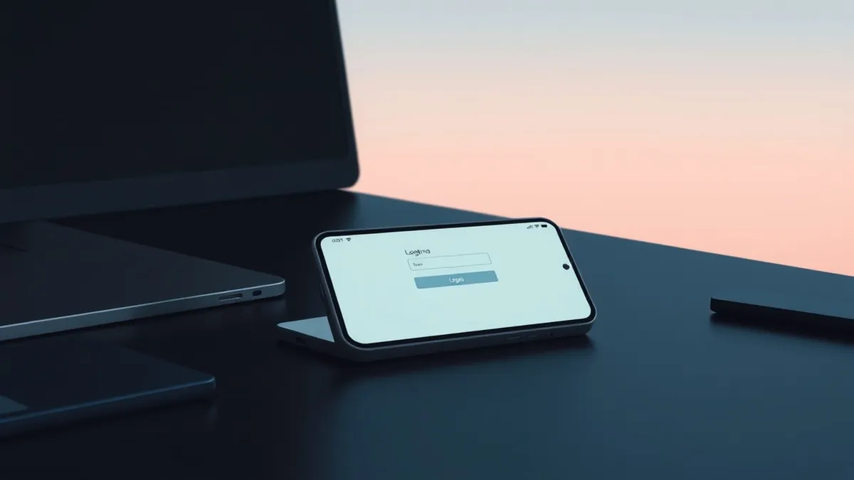 Illustration: A sleek smartphone rests on a dark desk, its screen displaying a blank login interface with abstract geometric shapes.