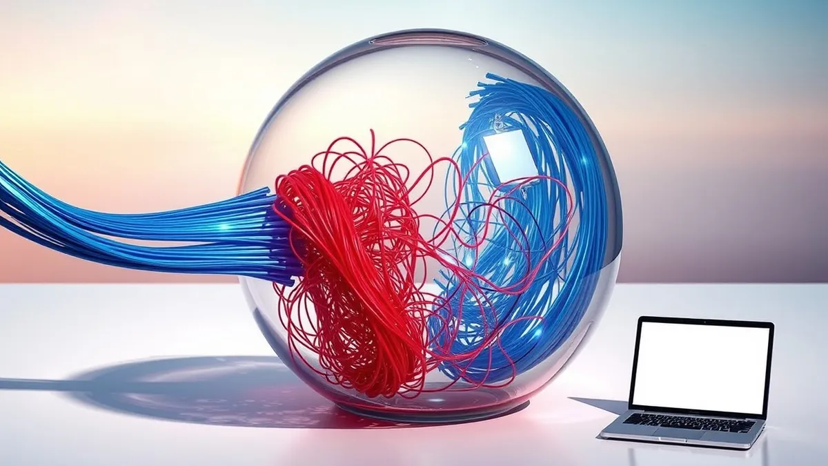 Illustration: A tangled nest of glowing fiber optic cables shifts abruptly from smooth blue strands to jagged, broken red wires within a transparent glass sphere.
