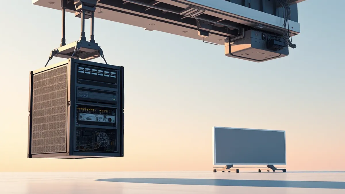Illustration: A bright new server unit slides smoothly into place while an older, worn unit is lifted away by mechanical arms.