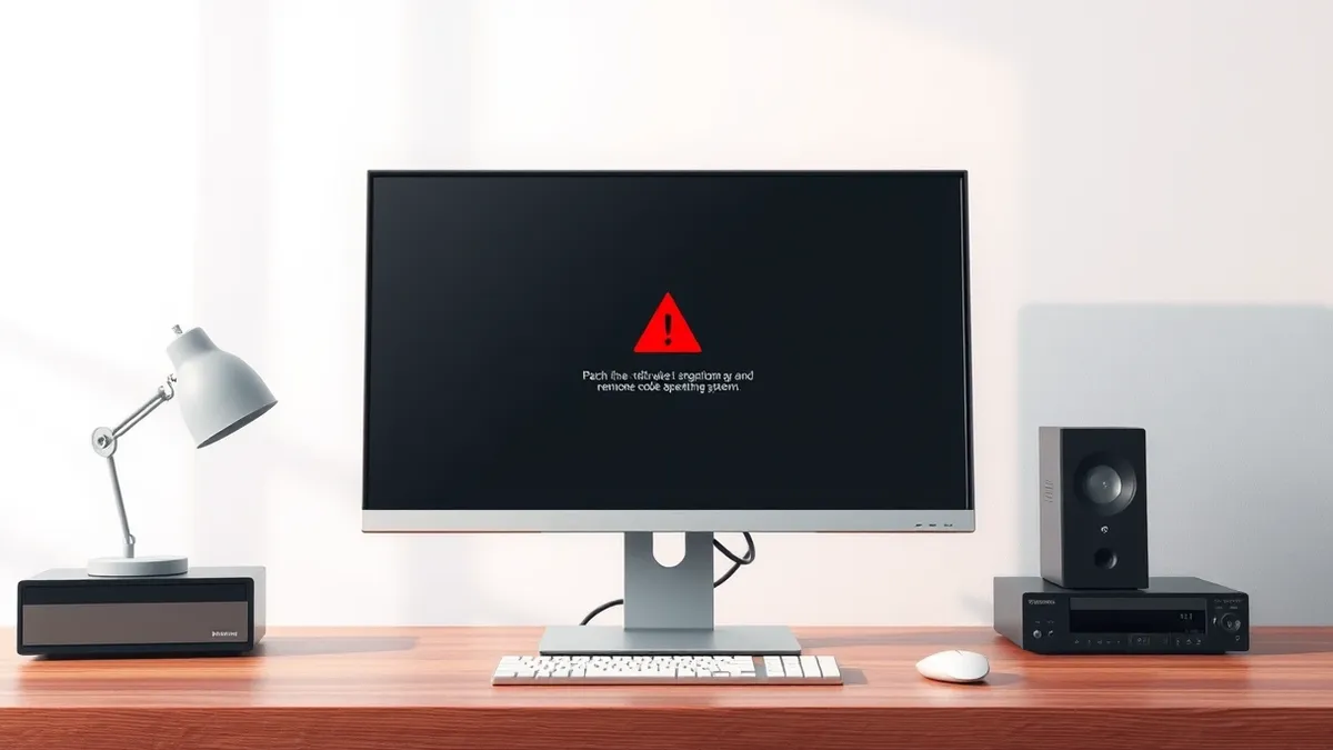 Illustration: A generic desktop computer monitor sits on a wooden desk, displaying a blank screen with a subtle red warning triangle icon in the center.