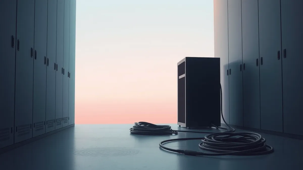 Illustration: A rack-mounted server sits isolated in a dim corridor, physically disconnected from the surrounding network infrastructure.