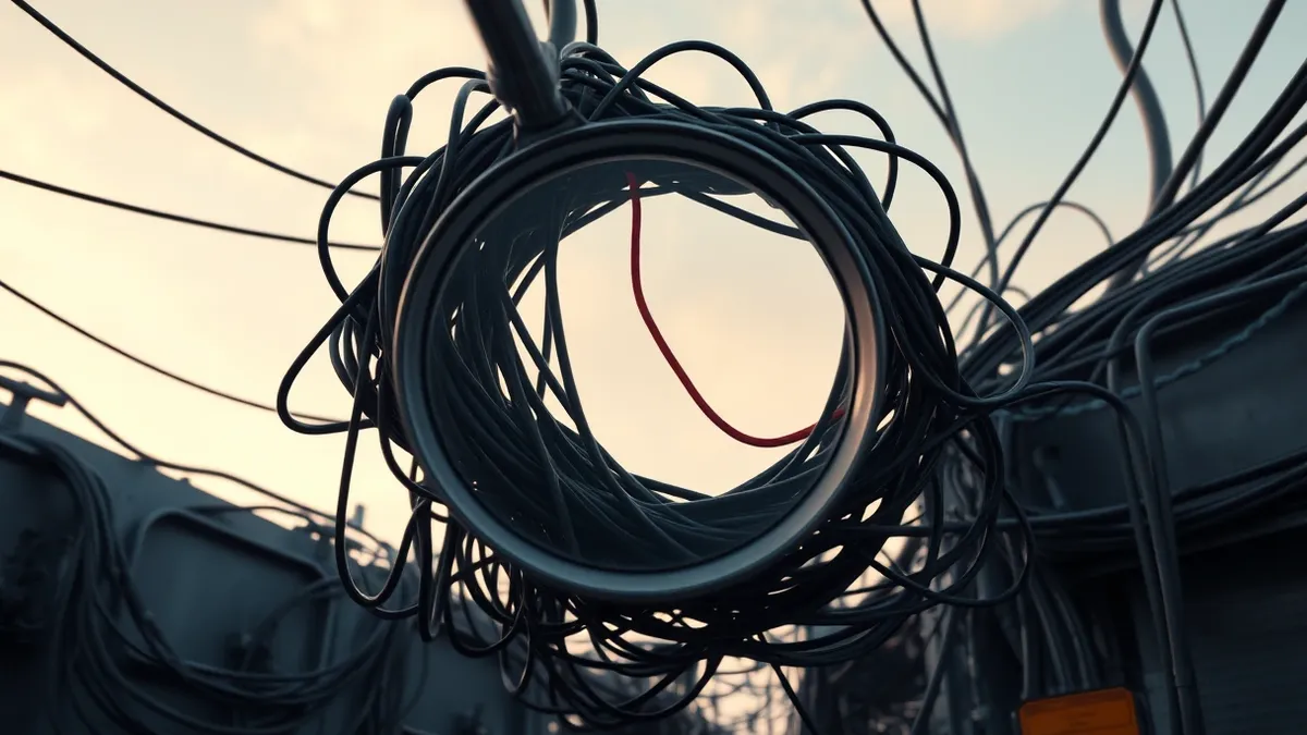 Illustration: A magnifying glass hovers over a tangled knot of dark cables and loose wires, highlighting a single, thin red thread slipping silently through the chaos.
