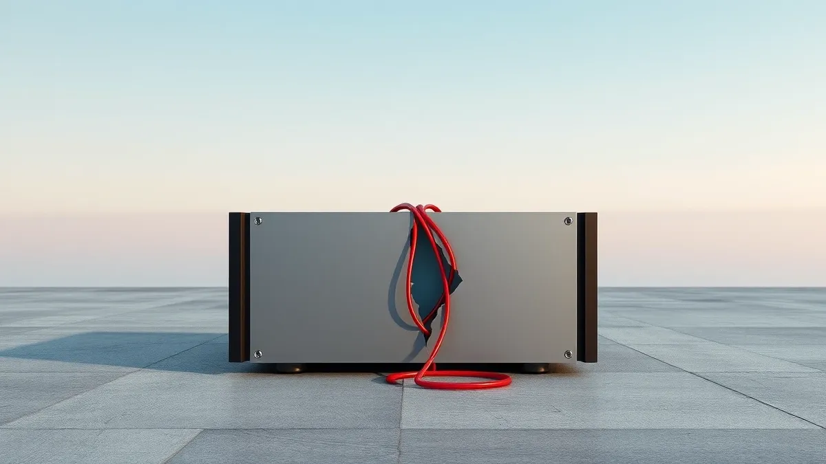 Illustration: A sleek gray server chassis sits isolated on a concrete floor, its surface marked by a single jagged tear where a tangled knot of red wires forces its way through the