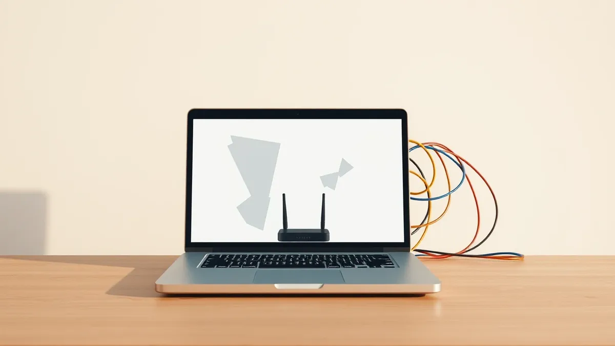 Illustration: A sleek laptop sits on a wooden desk, displaying a blank browser window with abstract gray shapes.