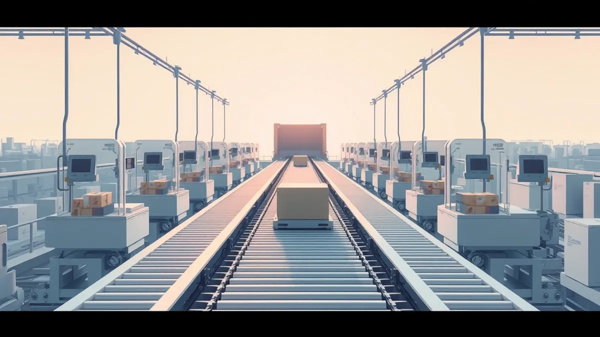 Illustration: A sleek, modern factory assembly line moves steadily forward.
