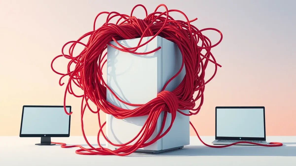 Illustration: A tangled knot of chaotic red threads wraps tightly around a clean white server, symbolizing untrusted input bypassing security logic.