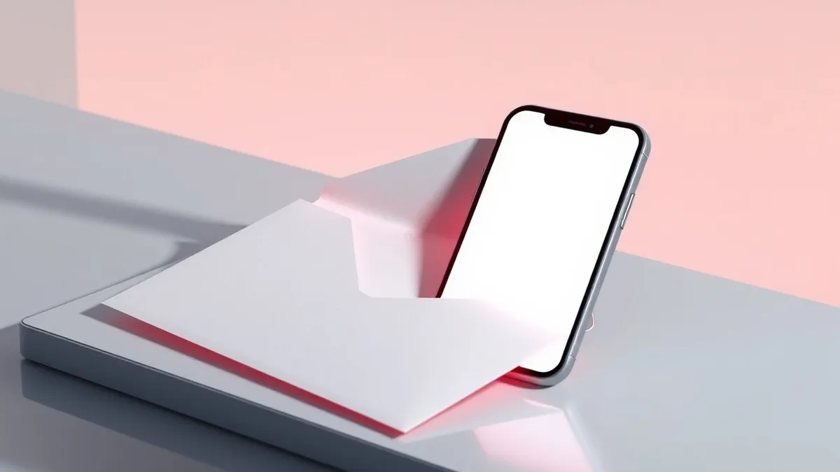 Illustration: An open envelope lies on a sleek desk next to a smartphone displaying a blank message bubble.