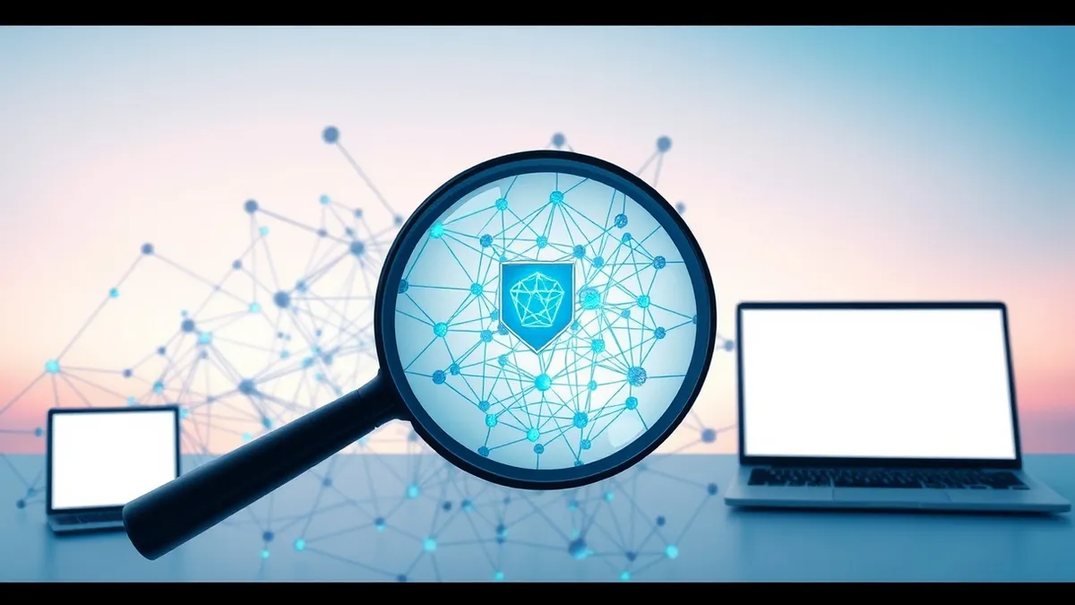 Illustration: A translucent magnifying glass hovers over a complex web of glowing blue lines and abstract geometric nodes.