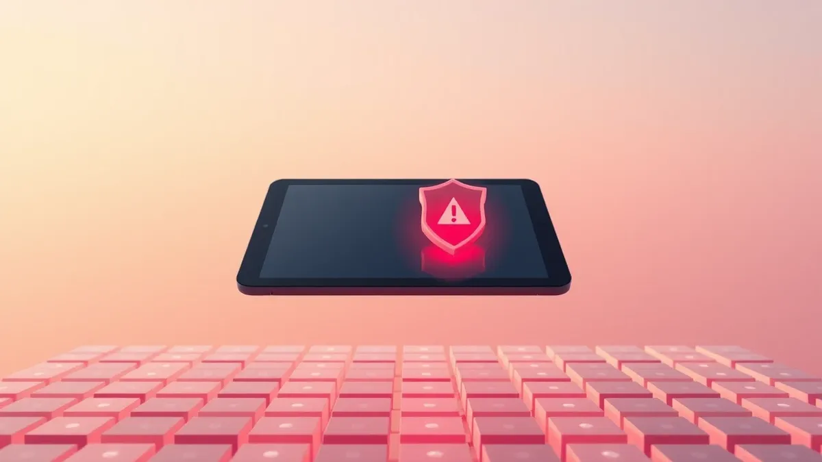 Illustration: A sleek tablet floats above a grid of glowing geometric blocks representing a digital ledger.
