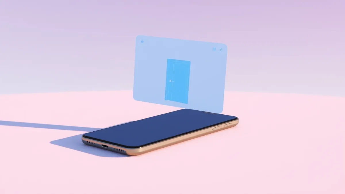 Illustration: A blank calendar application window floats above a sleek smartphone, displaying a simple geometric icon of a door with a warning triangle.