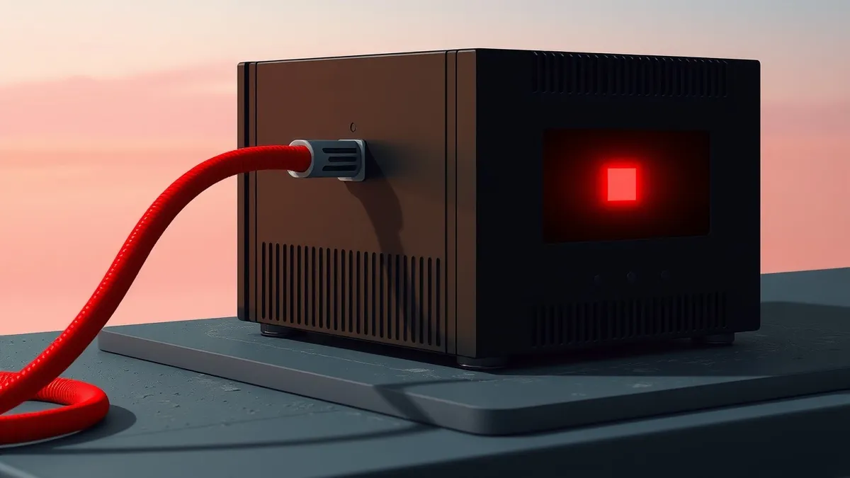 Illustration: A sleek black firewall appliance sits on a dusty desk.