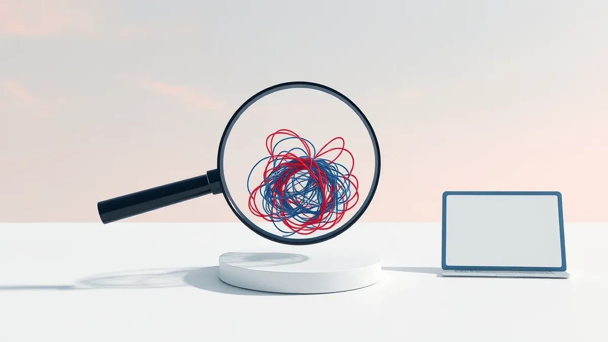 Illustration: A magnifying glass hovers over a tangled knot of abstract blue and red threads on a clean white surface.