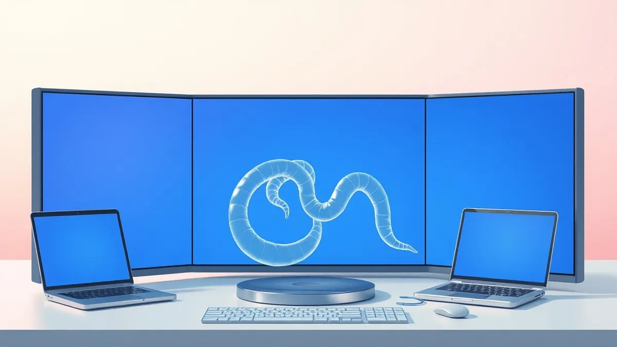Illustration: A translucent, ghostly worm coils through the empty blue void of a computer’s random access memory.