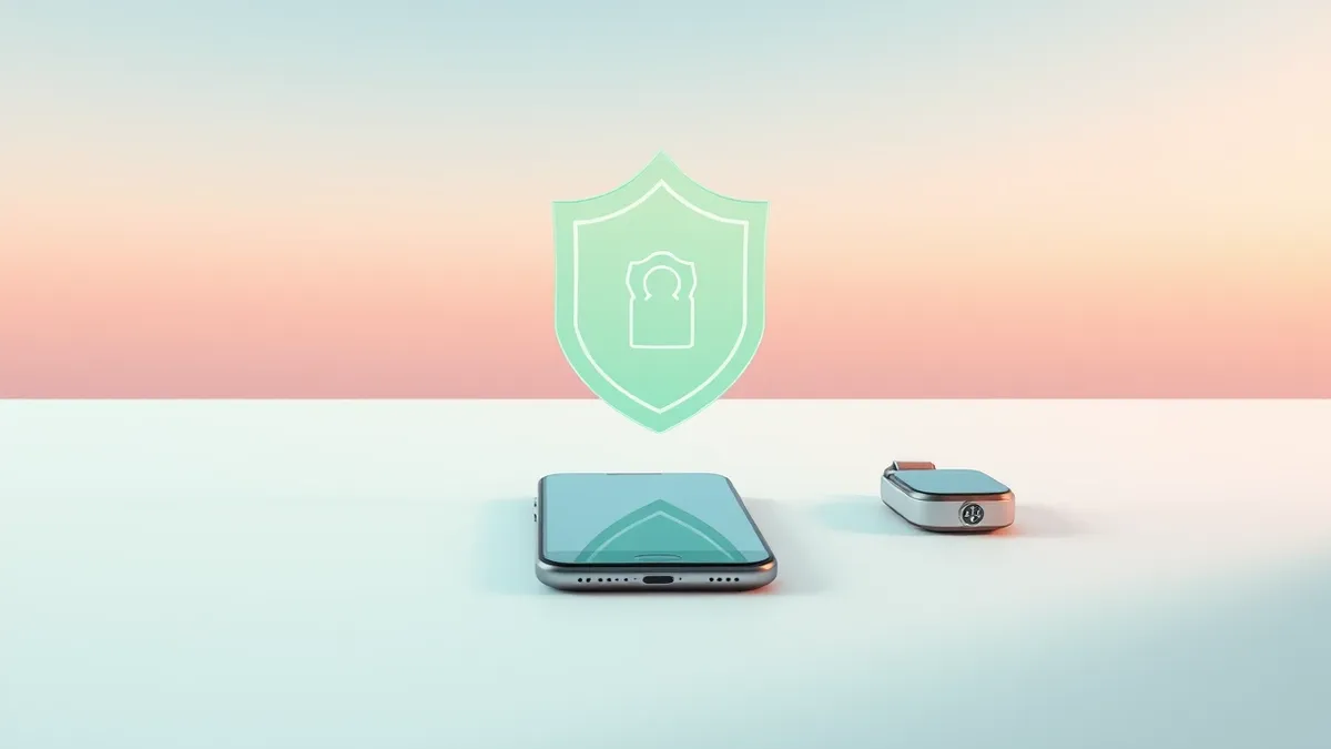 Illustration: A smartphone rests on a clean desk beside a small hardware security key and a generic smartwatch.