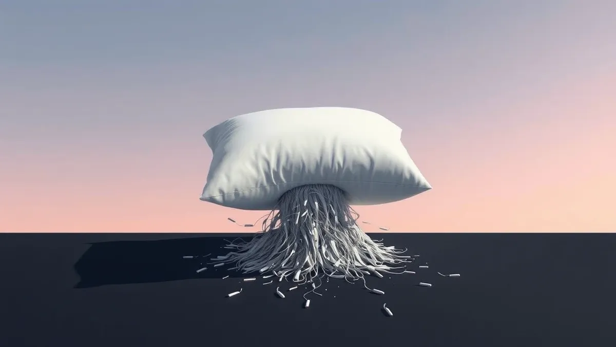 Illustration: A sleek white pillow floats above a dark surface, its fabric unraveling into chaotic digital threads that spill out from a tiny, overflowing heap.