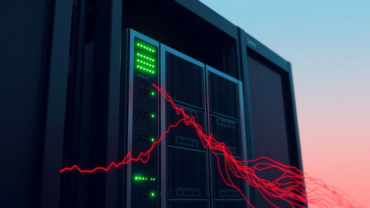 Illustration: A sleek metal server blade sits in a dark rack, its green status lights blinking steadily.