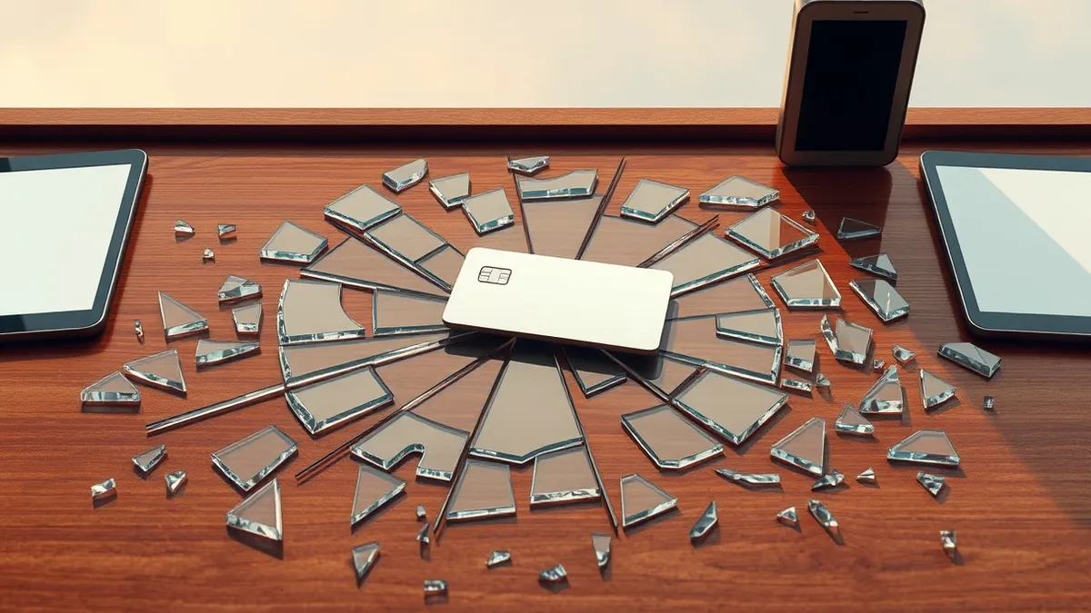 Illustration: A shattered glass pane lies scattered across a polished wooden desk.