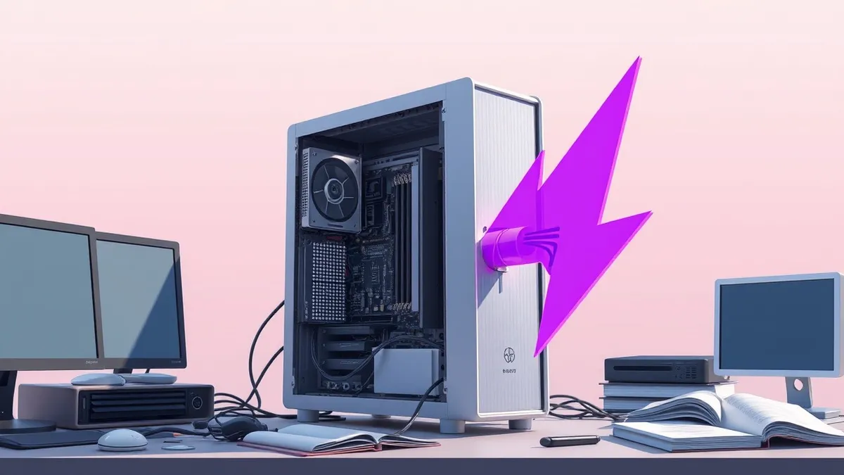 Illustration: A sleek silver server tower sits on a cluttered desk with its side panel removed, exposing the internal motherboard.