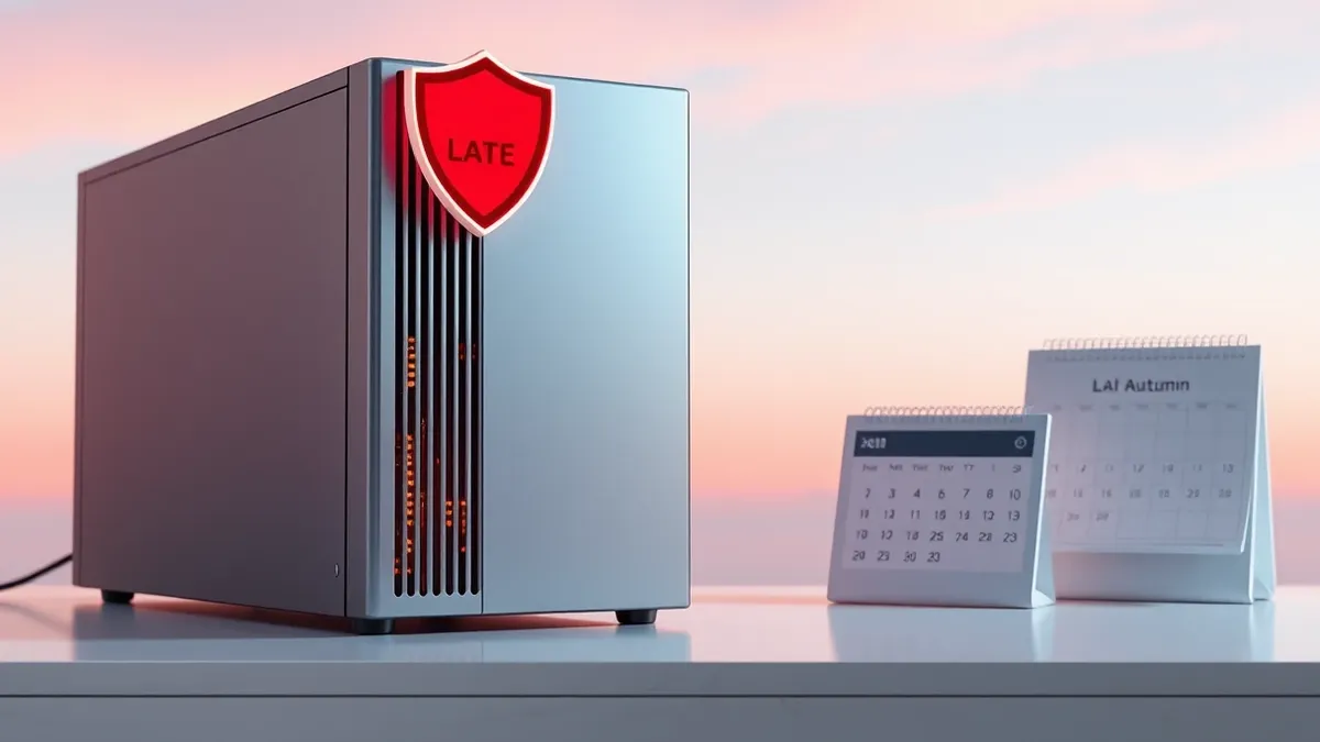 Illustration: A sleek, silver web server sits on a clean white desk next to a glowing calendar marking late autumn.