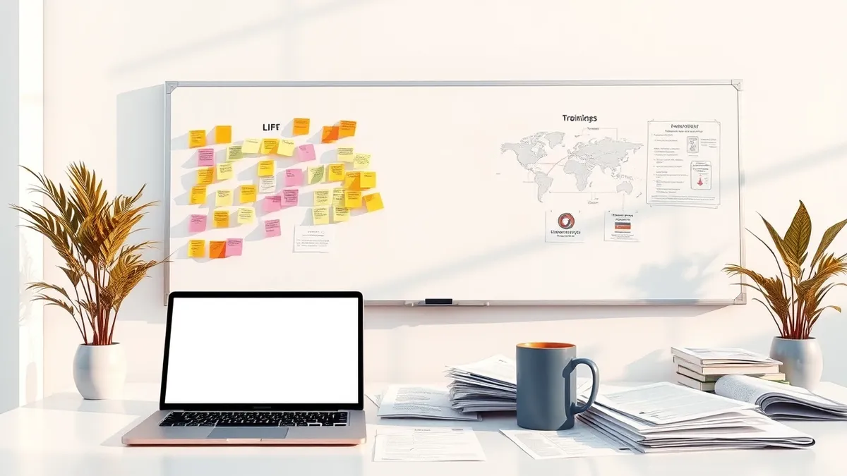 Illustration: A bright modern office workspace features a whiteboard covered in colorful sticky notes and diagrams.