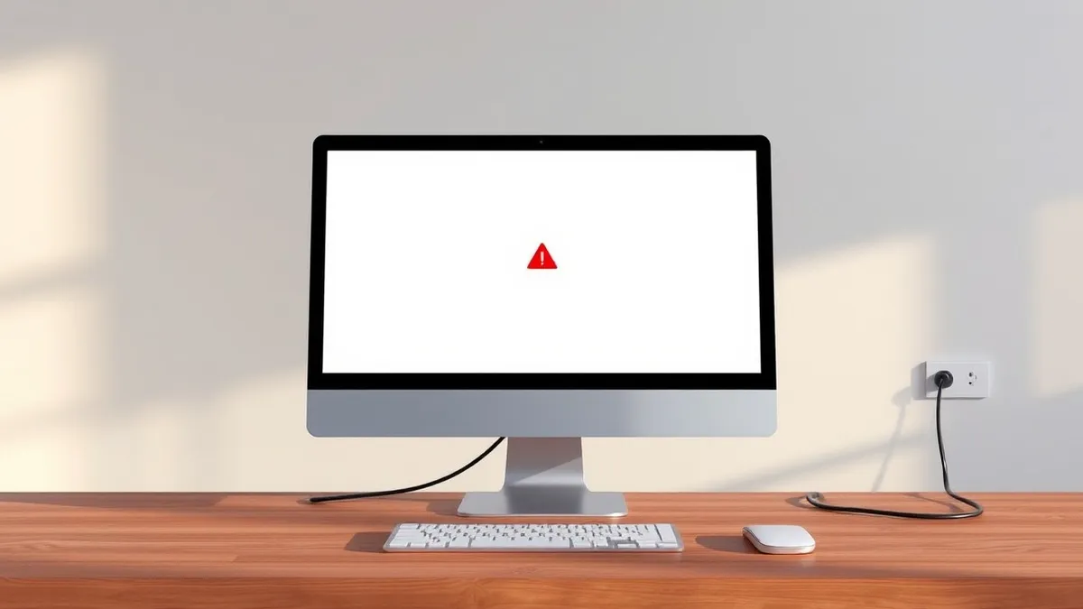 Illustration: A sleek desktop computer sits on a wooden desk, its monitor displaying a single open browser window with a completely blank white interface.