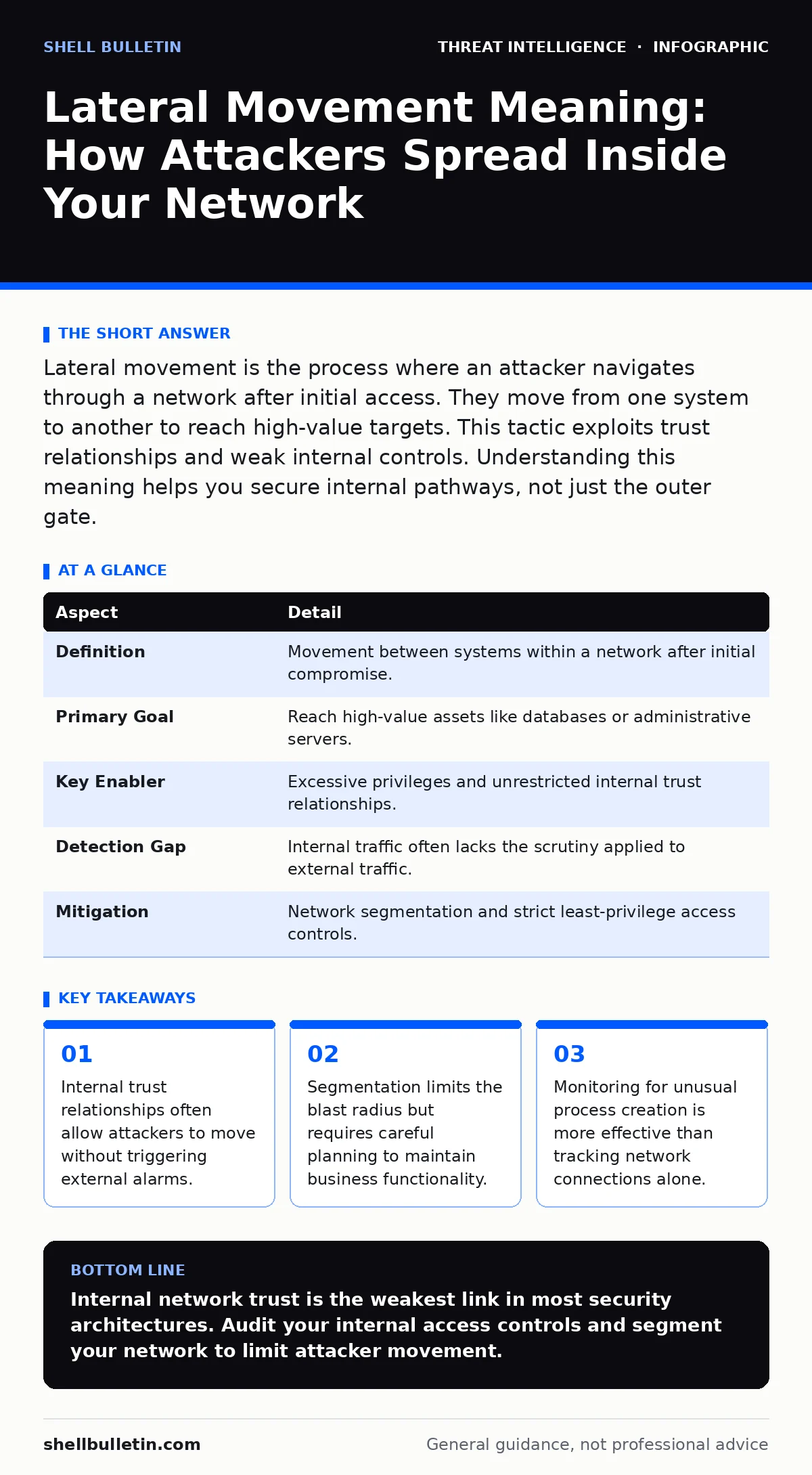 Infographic: Lateral Movement Meaning: How Attackers Spread Inside Your Network. Internal trust relationships often allow attackers to move without triggering external alarms. Segmentation limits the blast radius but requires careful planning to maintain business functionality. Monitoring for unusua