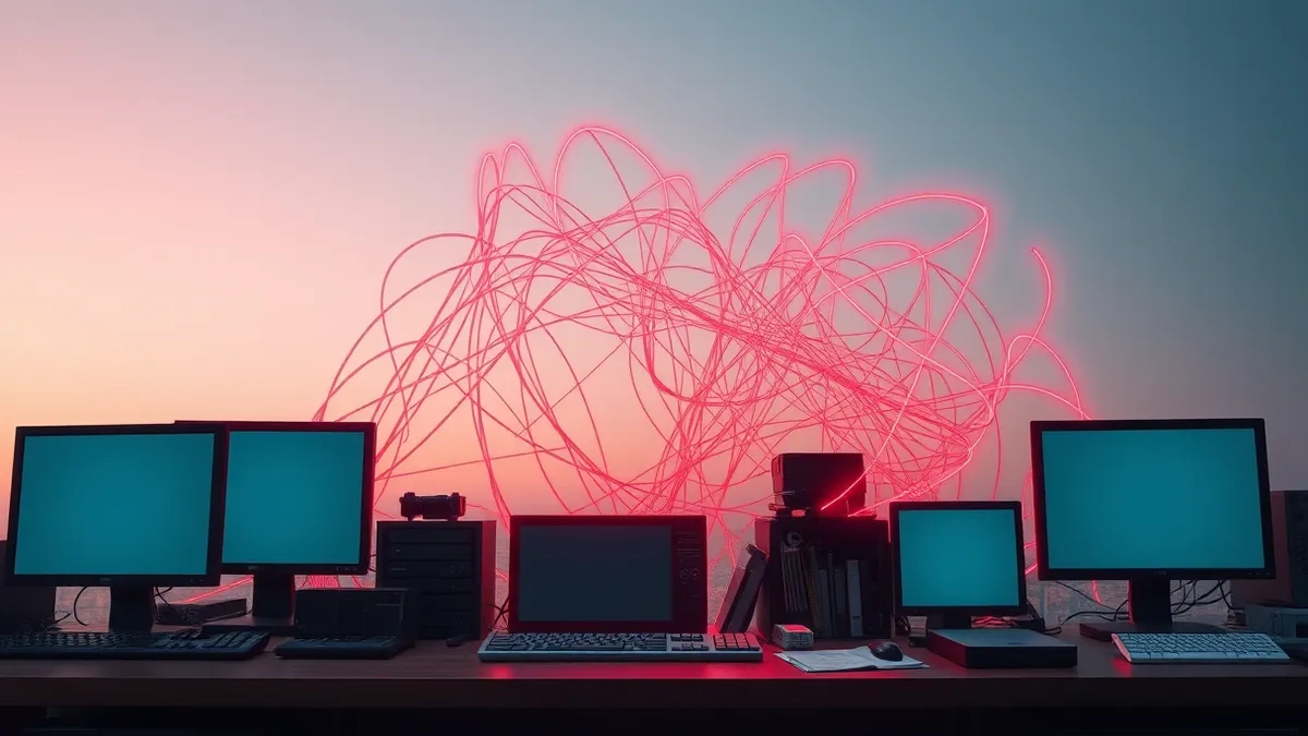 Illustration: A tangled web of glowing red lines connects several blank computer monitors and hard drives on a cluttered desk, illustrating the chaotic path an intruder takes as it