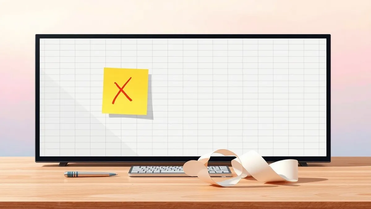 Illustration: A blank spreadsheet grid sits on a clean wooden desk beside a single yellow sticky note with an 'X' drawn in red marker.