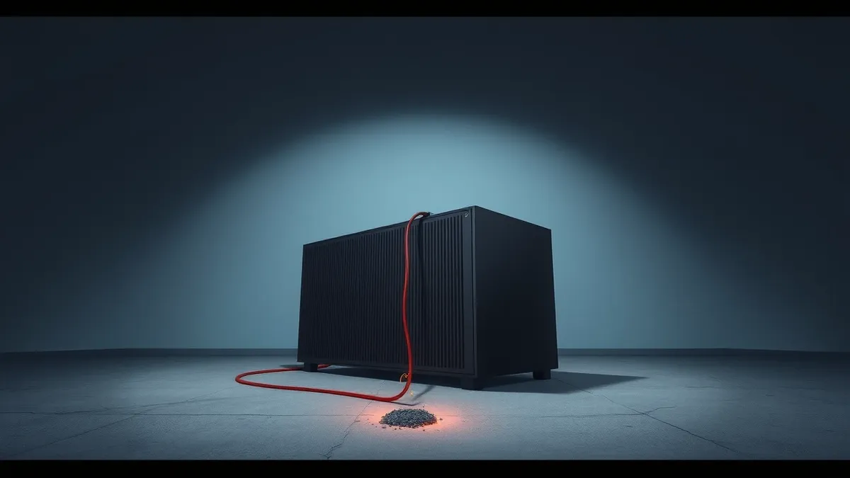 Illustration: A sleek black server sits in a dim room with a single red cable unplugged from its side.