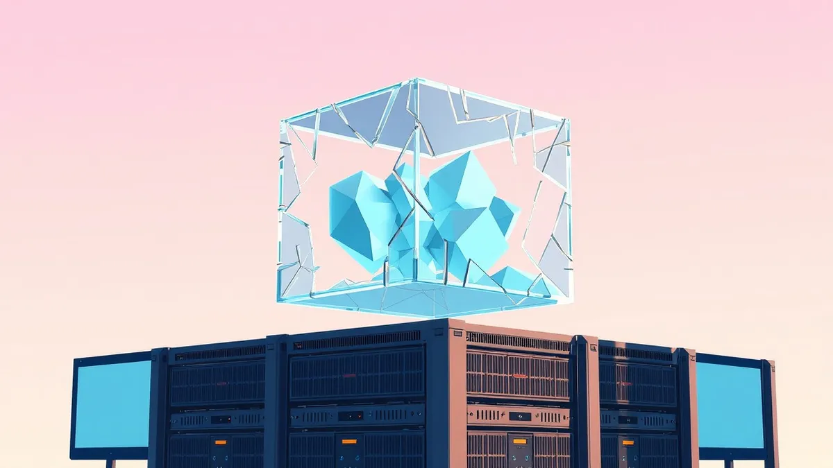 Illustration: A transparent glass cube floats above a server rack, its surface cracking with jagged fractures.
