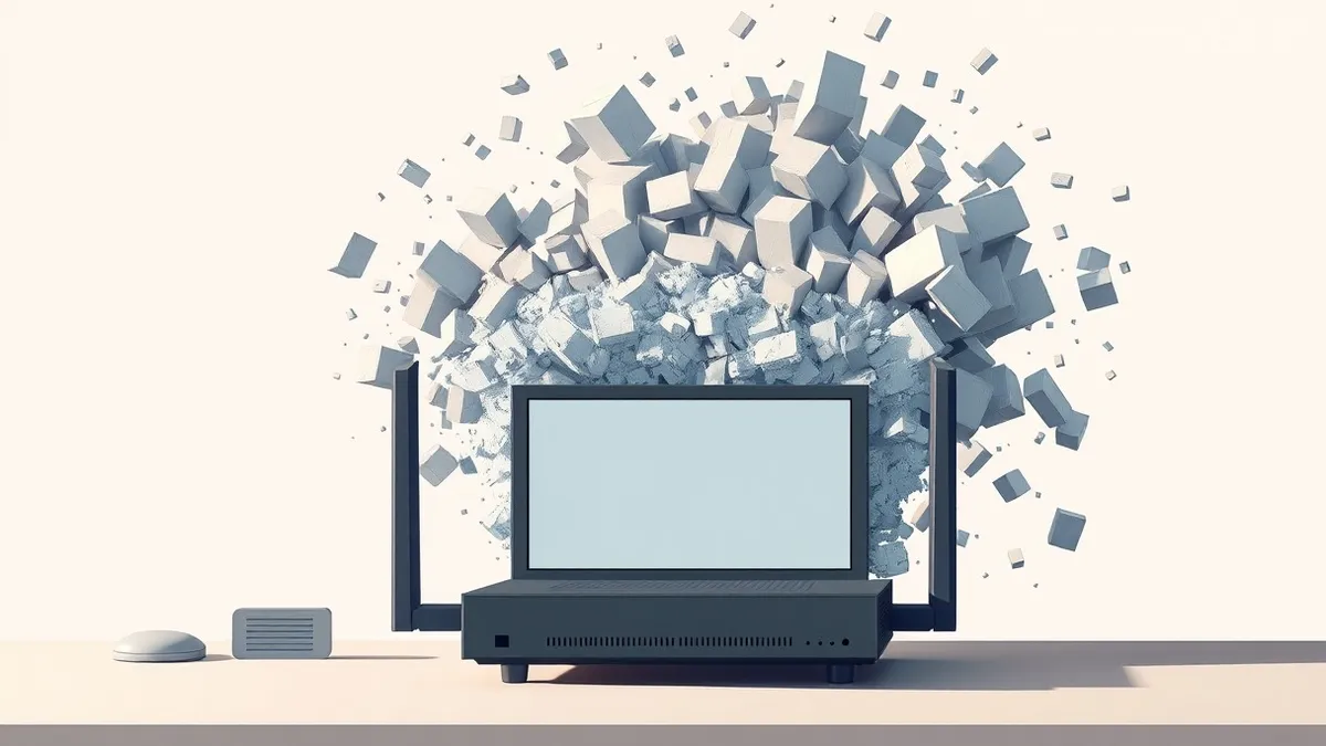 Illustration: A network router sits on a desk with a blank screen.